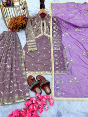 Attractive  Gold Net Embroidery Work Onion Color Sharara Suit