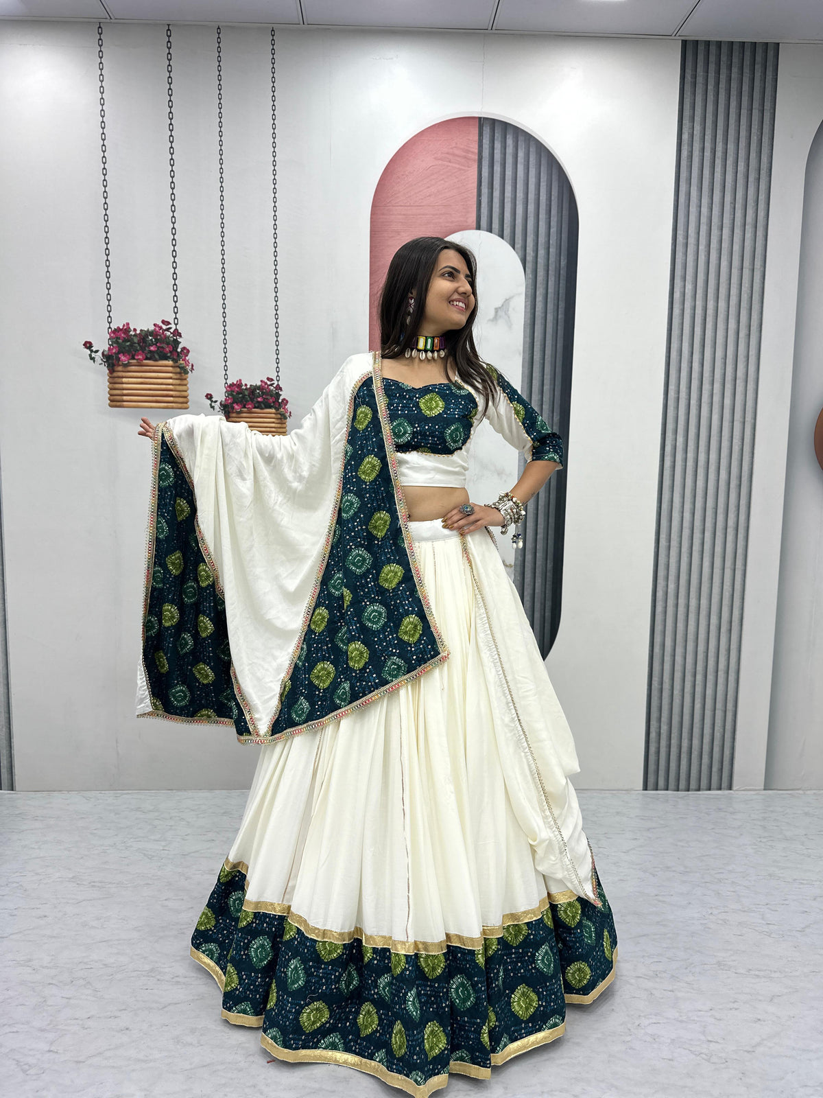 Navratri Wear White Rayon Cotton Ajrakh Print Lehenga Choli