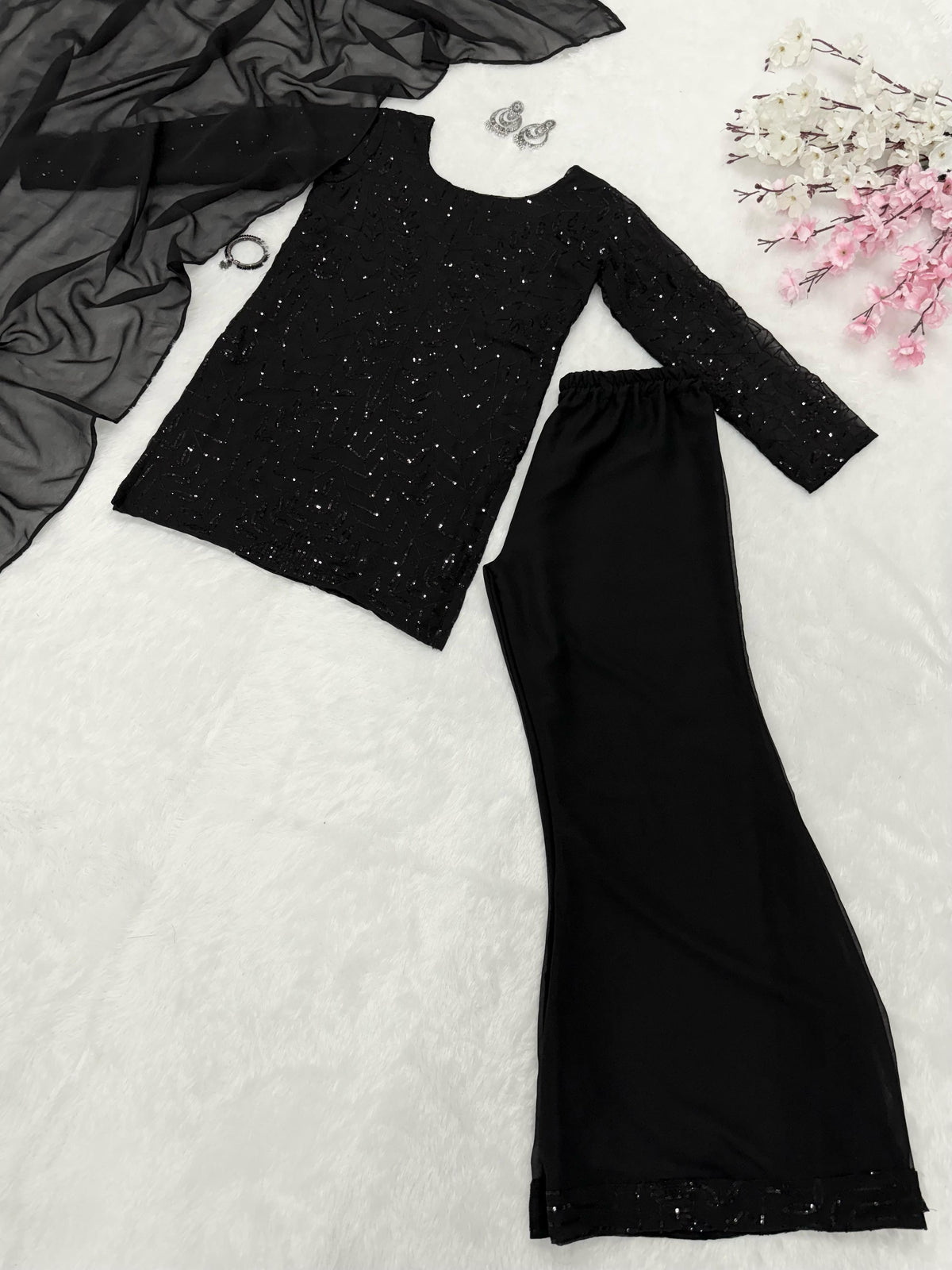 Preferable Sequences Work Black Color Palazzo Suit