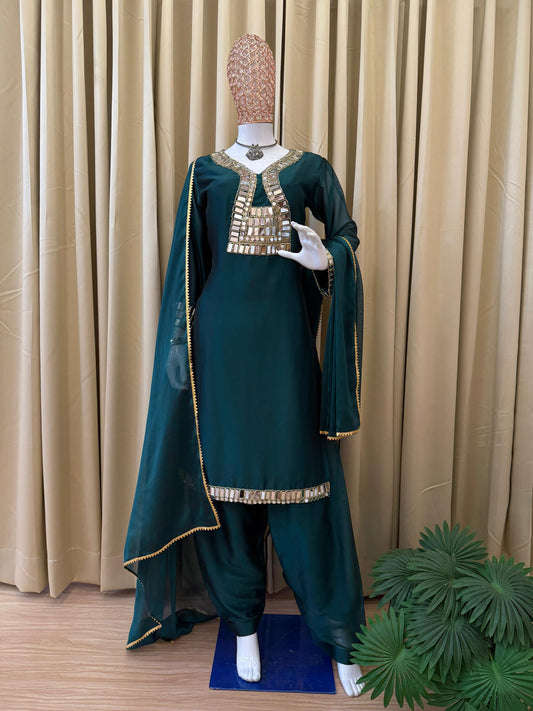 Exclusive Green Rangoli Silk Mirror Work Kurti
