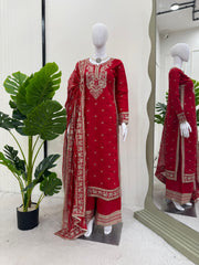 Heavy Work Red Color Roman Silk Salwar Suit