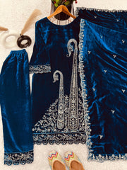 Exclusive Blue Velvet with Embroidery Work Palazzo Suit