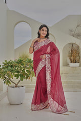 Stylish Pink Silver Crunchi Thread Work Saree