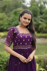 Fabulous Square Neck Design Purple Color Zari Work Gown