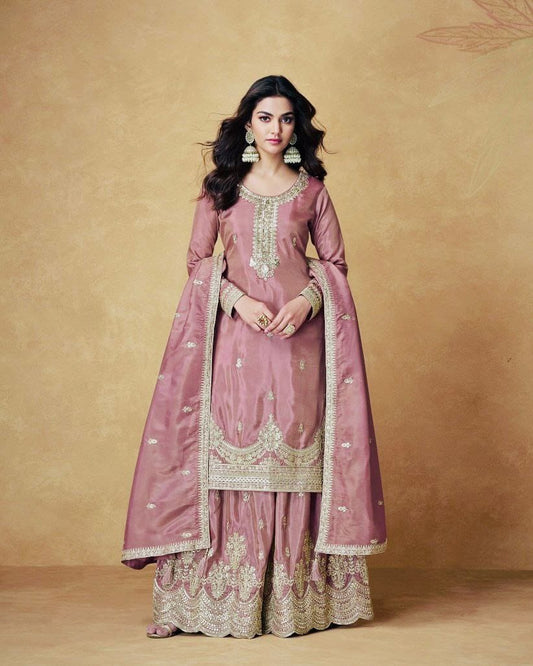 Designer Peach Color Heavy Work Chinon Silk Palazzo Suit