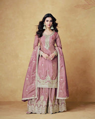 Designer Peach Color Heavy Work Chinon Silk Palazzo Suit