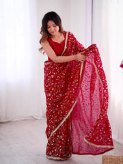 Glorious Red Crunchy Silk Embroidery Work Saree