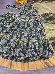 Captivating Chinon Silk Green Color Flower Print Lehenga Choli