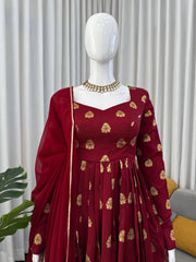 Attractive Maroon Jacquard Weaving Anarkali Suit