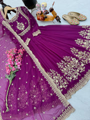 Glimmering  Embroidery Work Long Wine Color Gown