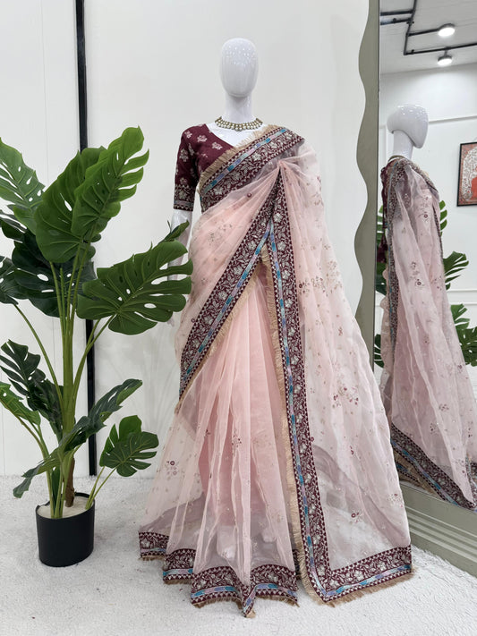 Peach Color Organza Silk Wedding Saree