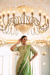 Glossy Embroidery Work Pista Color Ready To Wear Saree
