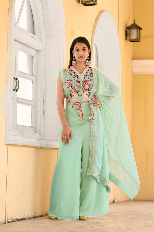Beautiful Embroidery Work Pista Color Palazzo Suit With Koti