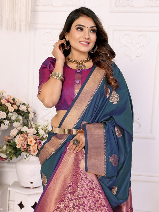 Elegant Soft Silk Teal Blue Color Saree