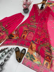 Digital Print Pink Color Mirror Work Palazzo Suit