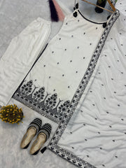 Glorious White Cotton Silk Embroidery Palazzo Suit