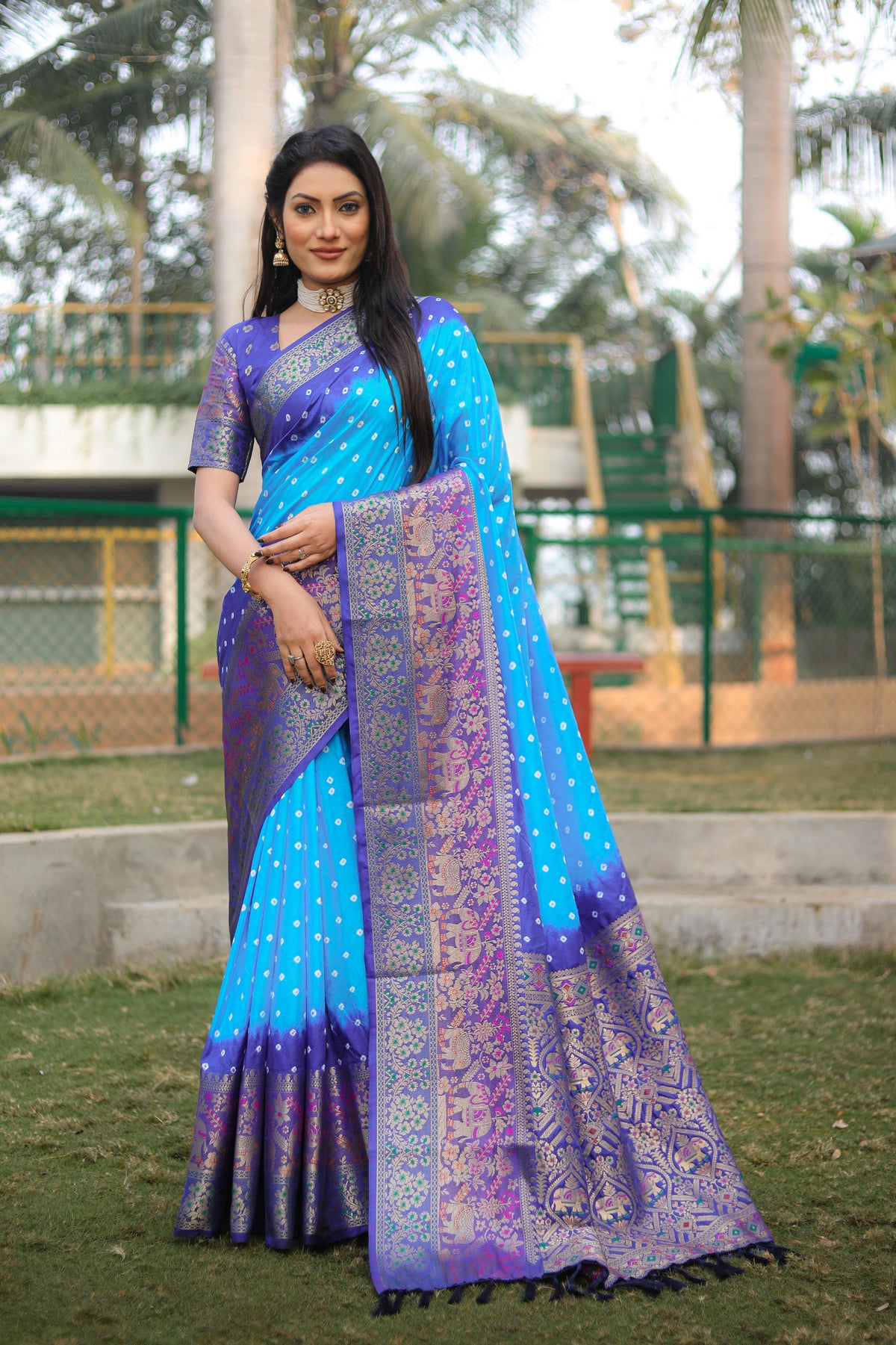 Wonderful Bandhani Purple With Sky Blue Kanjivaram Silk Saree