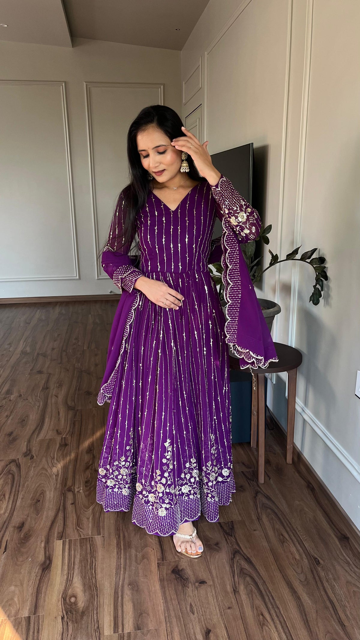 Elegant Embroidery Work Purple Color Gown