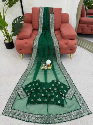 Diamond Work Green Color Silk Saree