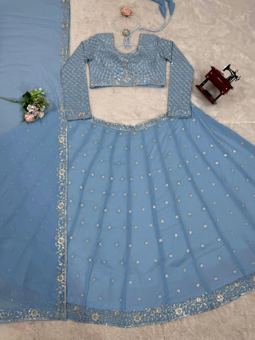Wedding & Party Wear Georgette Sky Blue Color Lehenga choli