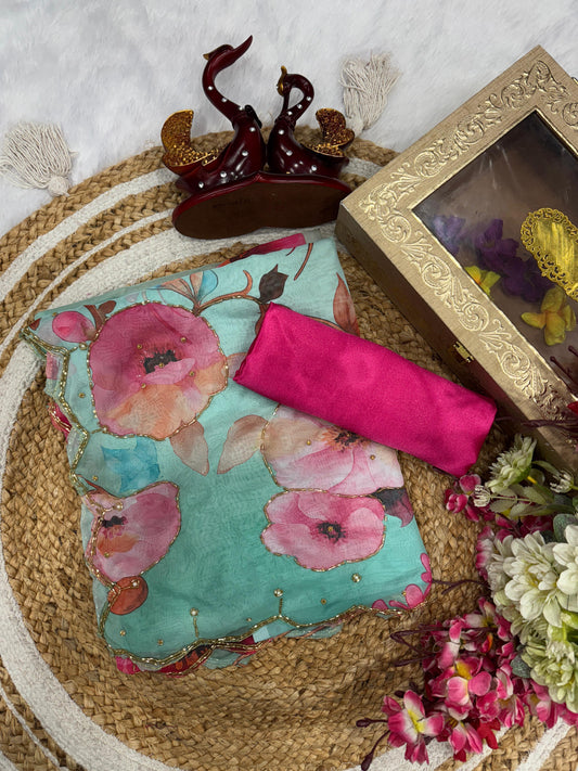 Lovely Sky Blue Tabby Silk Work Saree