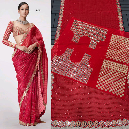 Fantastic Georgette Original Mirror Red Color Saree