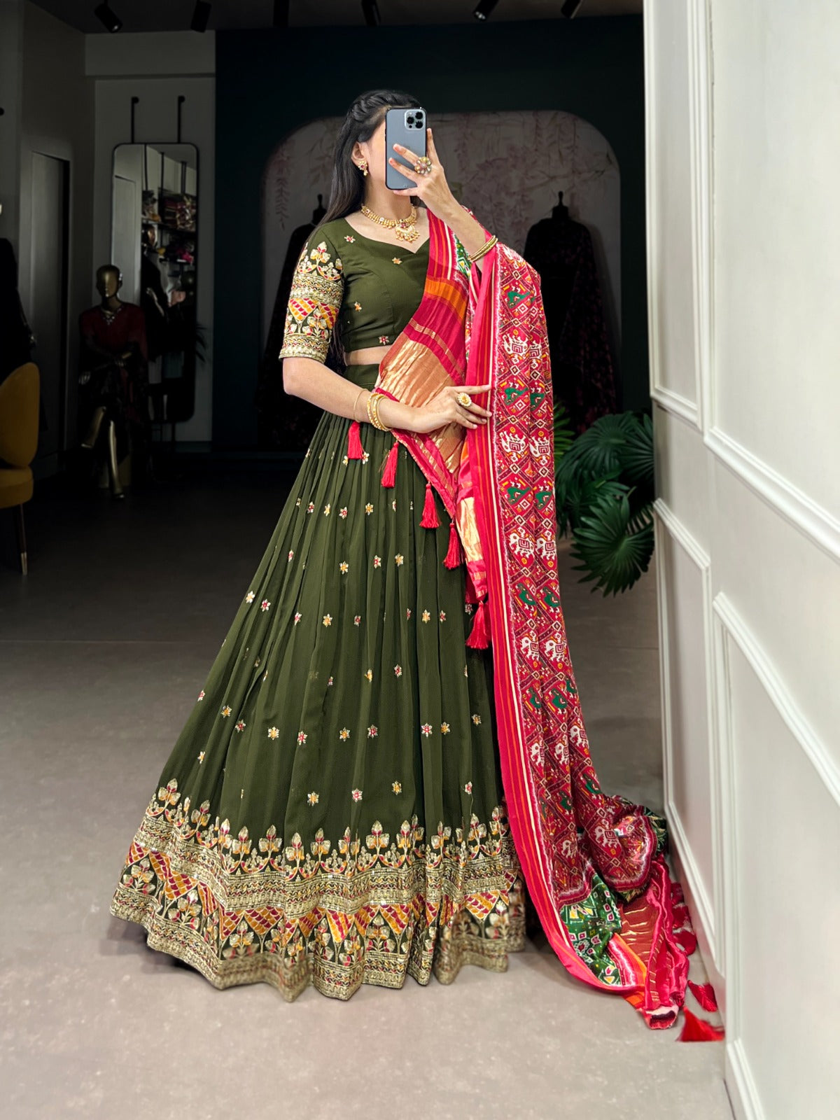 Good Looking Georgette Embroidery Work Mehndi Color Lehenga Choli