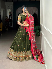 Good Looking Georgette Embroidery Work Mehndi Color Lehenga Choli
