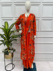 Designer Embroidery Work Orange Color Ready To Wear Saree With Koti
