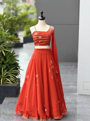 Opulent Red Color Georgette Hand Painted Lehenga