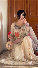 Captivating Chinon Embroidery Work Beige Color Gharara Suit