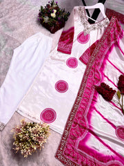 Marvelous White Silk Embroidery Work Palazzo Suit