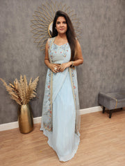 Designer Georgette Sky Blue Color Lehenga Saree With Koti