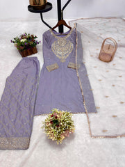 Traditional Wear Embroidery Work Lavender Color Palazzo Suit