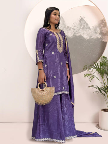 Pretty Purple Crush Silk Embroidery Work Palazzo Suit