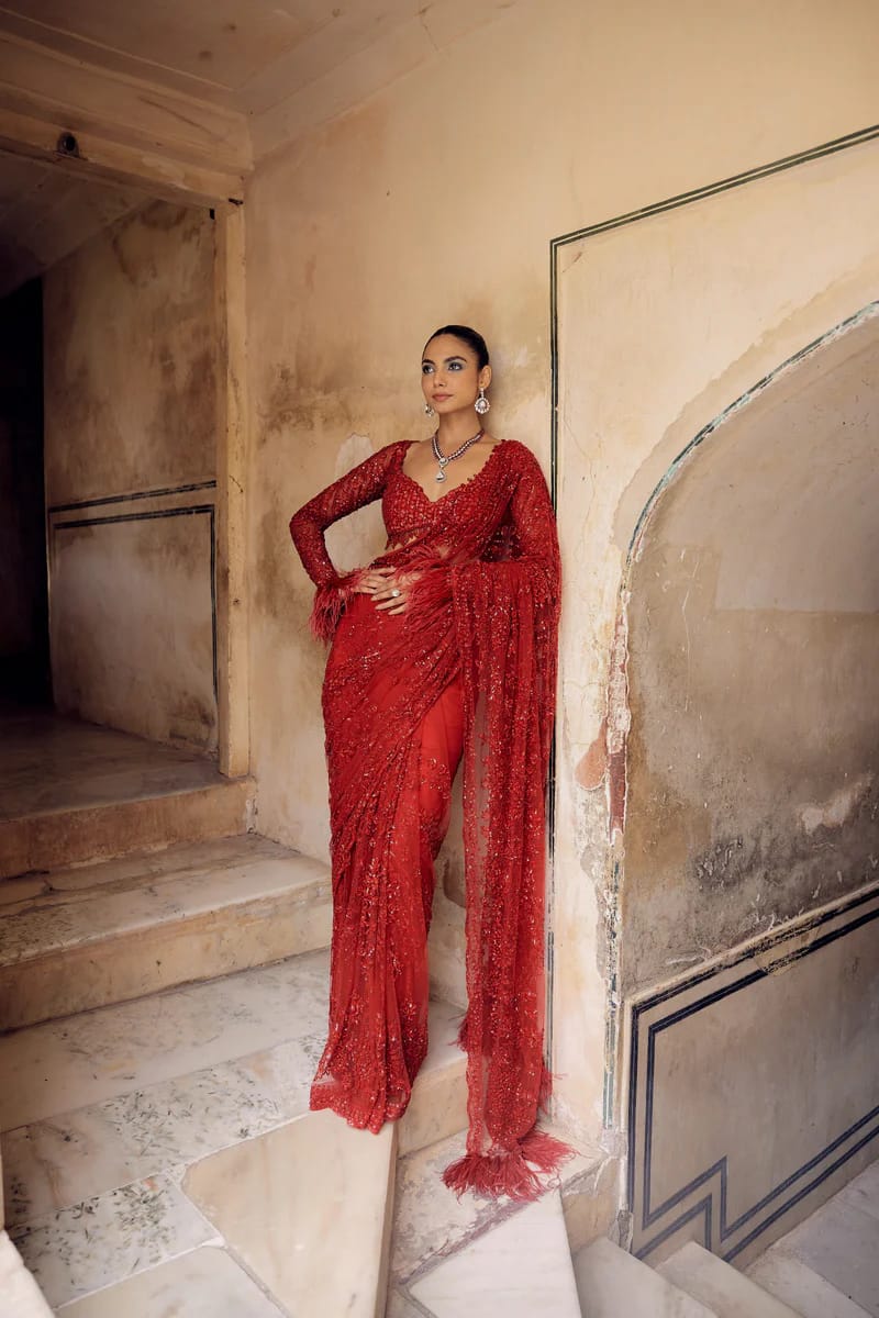 Red Color Heavy Work Party Wear Saree