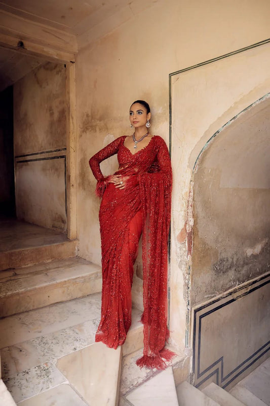 Red Color Heavy Work Party Wear Saree