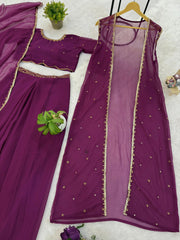 Lovely Purple Georgette Embroidery Koti With Lehenga Set