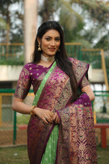 Wonderful Bandhani Wine With Pista Kanjivaram Silk Saree