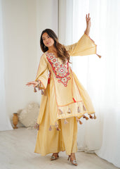 Exclusive Yellow Khadi Cotton Embroidery Work Co-ord Set