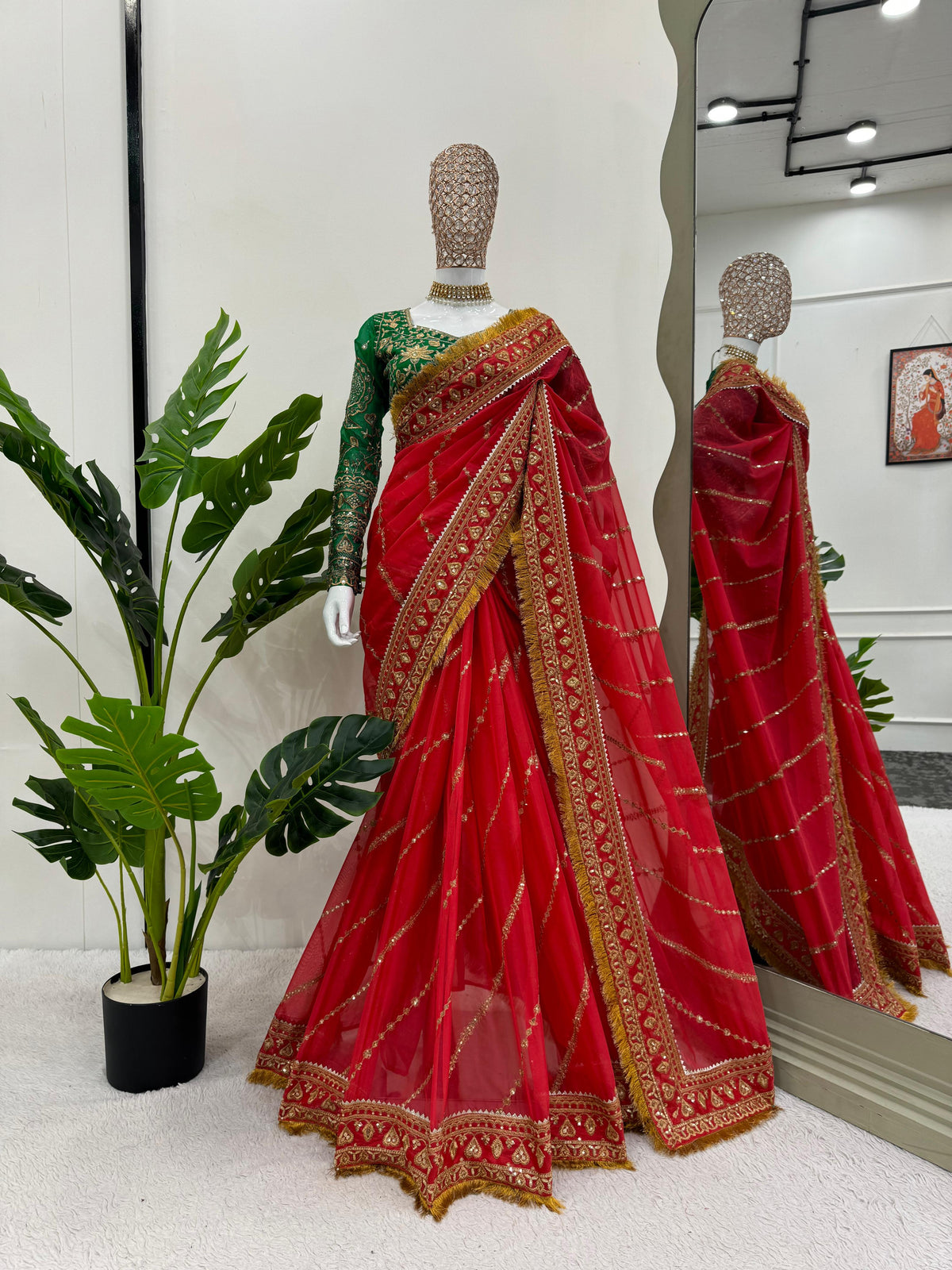 Elegant Sequence Work Red Color Saree