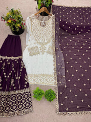 Exclusive Heavy Work White Color Suit Wine Sharara