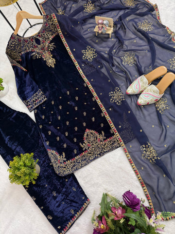 Amazing Navy Blue Velvet Embroidery Work Kurti Set