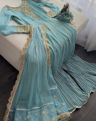 Sky Blue Color Embroidery Work Sharara Suit