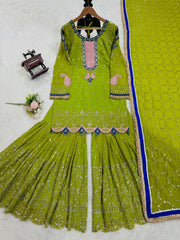 Delightful Heavy Green Color Sharara suit