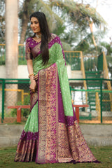 Wonderful Bandhani Wine With Pista Kanjivaram Silk Saree