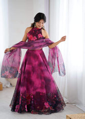 Glorious Pink Color Digital Printed Organza Lehenga