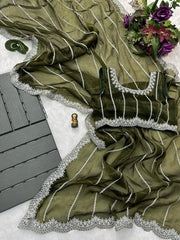 Peaceful Embroidery Zari Work Mehndi Color Saree