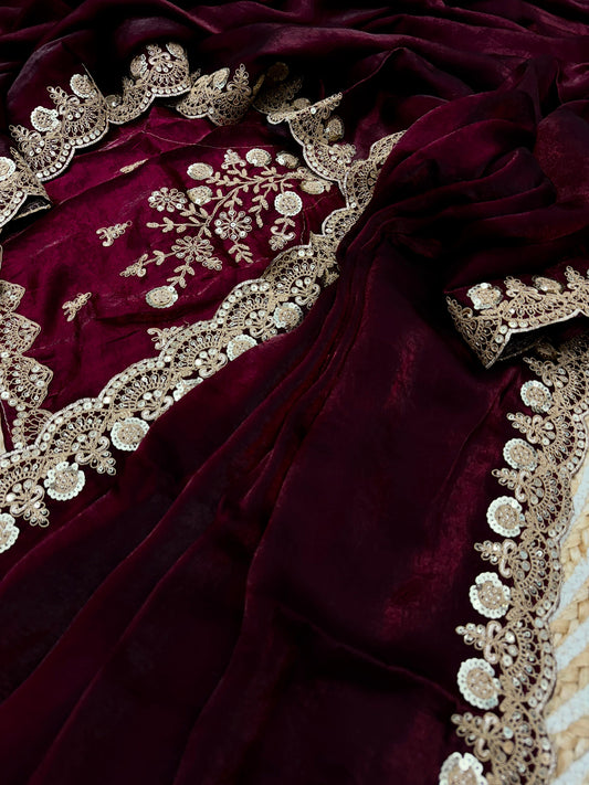 Beautiful Silk Embroidery Work Wine Color Saree