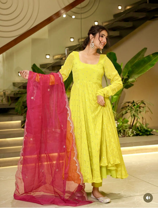 Designer Lemon Color Chinon Silk Work Gown